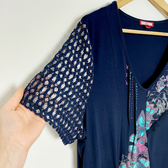 Joe Brown Navy Butterfly Pattern Lace Sleeve Frill Tunic Dress Size 20 - Picture 3 of 9